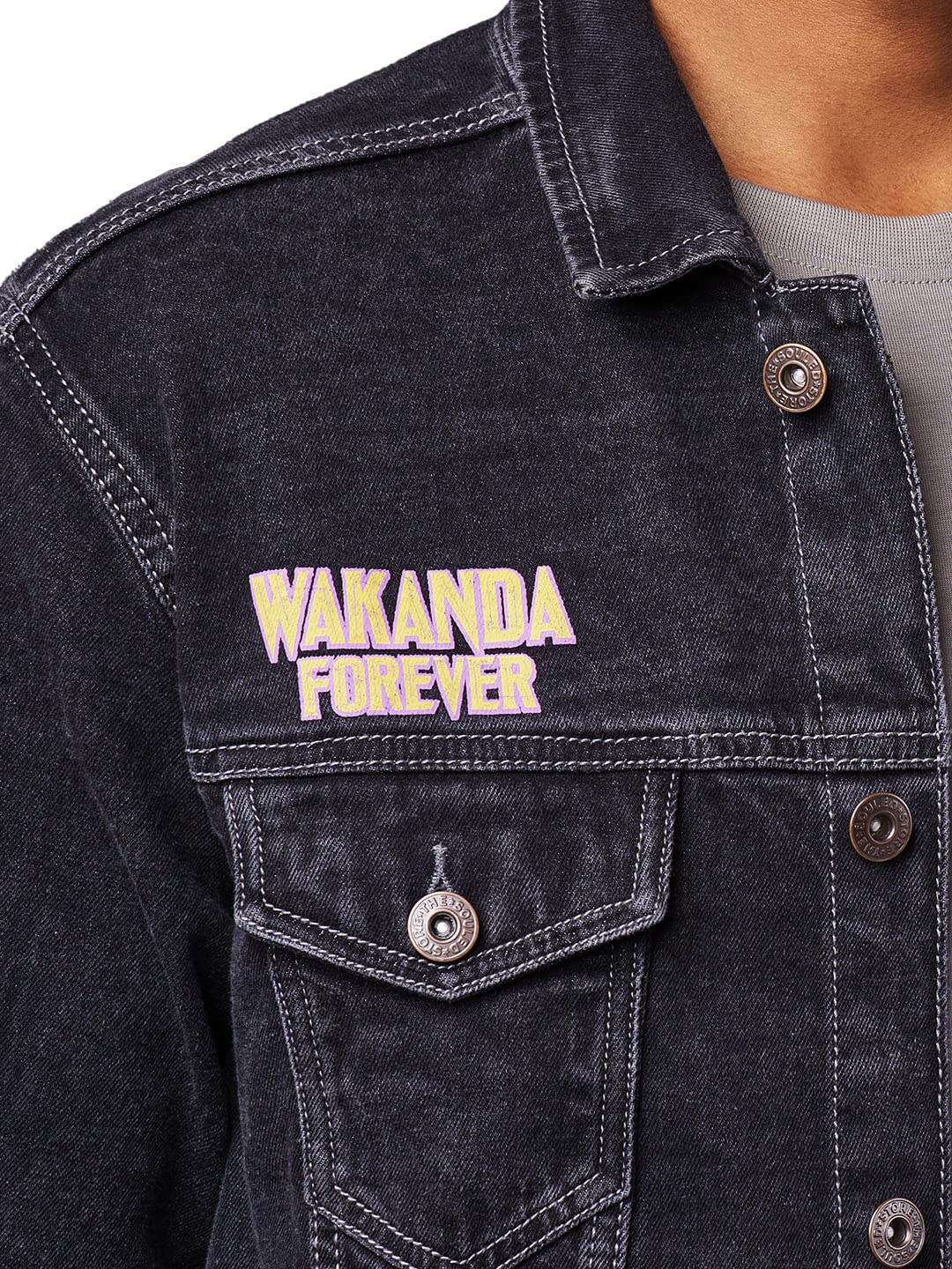 The Souled Store Mens & Boys 100% Cotton Black PantherWakanda Forever Printed Denim Jackets (Small)