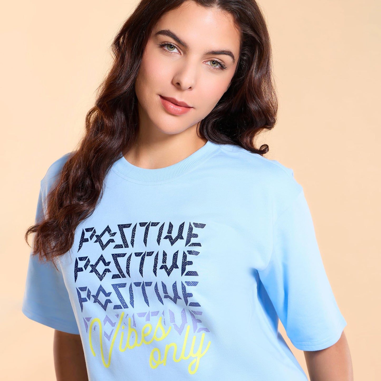 Enamor Women's Letter Print Oversized Fit T-Shirt (E3G4_Blue Bell Positive Vibes Graphic