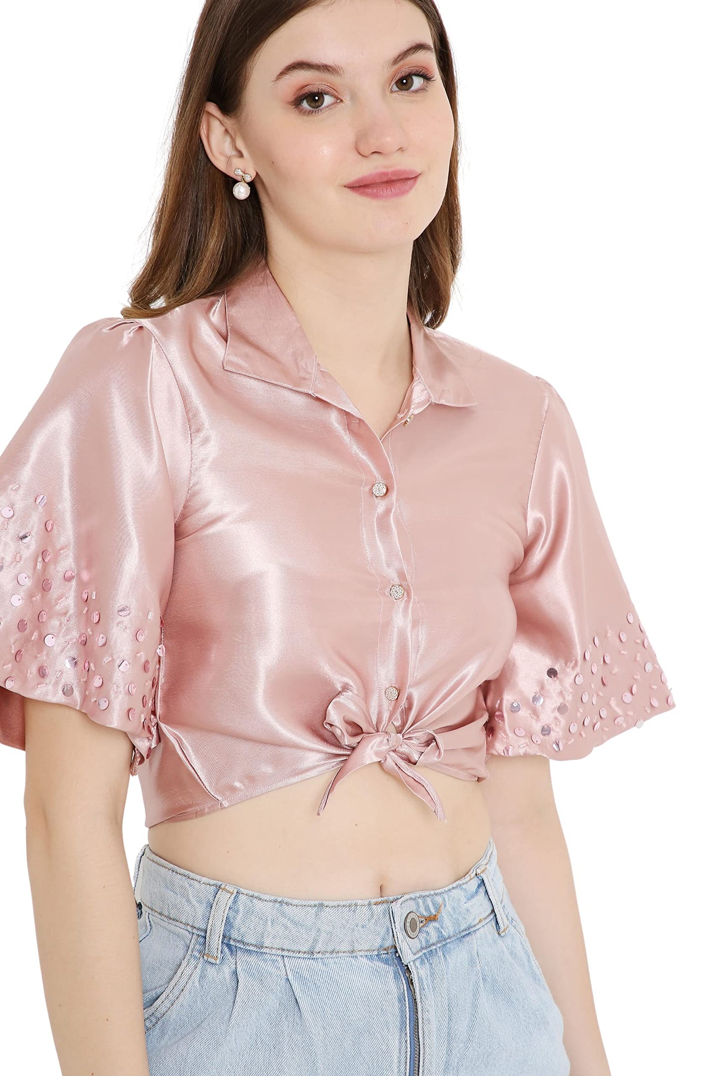 OJ Women's Rose Gold Tie-up Crop Shirt (Small)