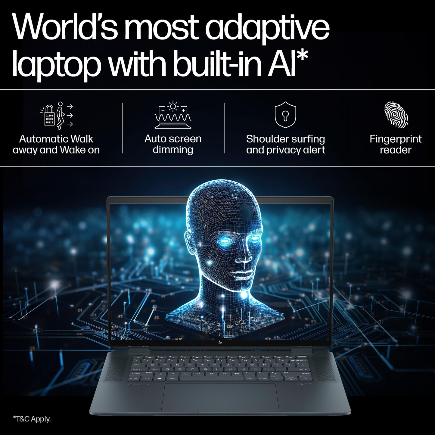 HP Spectre x360 AI Laptop, Intel Core Ultra 7 155H, 12 TOPS, 32GB LPDDR5x, 1TB SSD (Win11, Office21, Blue, 1.9kg), Touchscreen, 2.8K, OLED, 16-inch(40.6cm), Intel Arc graphics, 9MP IR camera, aa0664TX