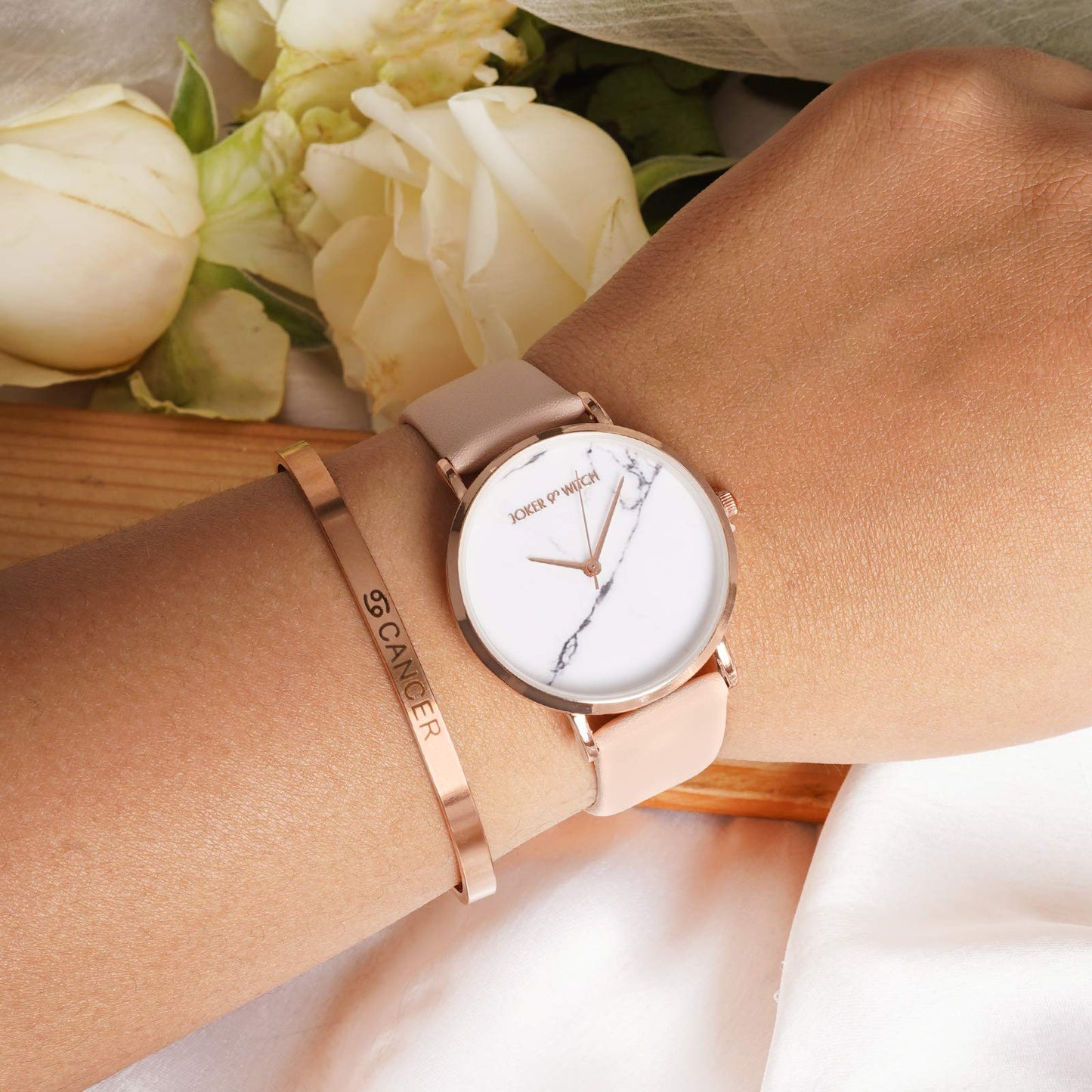 Joker & Witch Leather Hannah Cancer Analog Watch Bracelet Gift Set For Women, White Dial, Pink Band