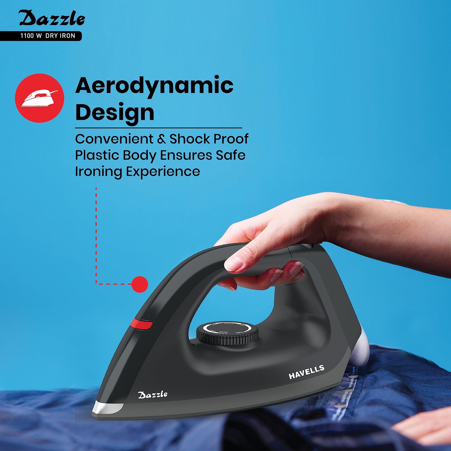 Havells Dry Iron Dazzle 1100 Watts, Iron Press, Greblon Non Sick Soleplate with German Technology, Shock Proof Body, Aerodynamic Design, 360° Swivel Cord, 2 Year Manufacturer Warranty (Black)