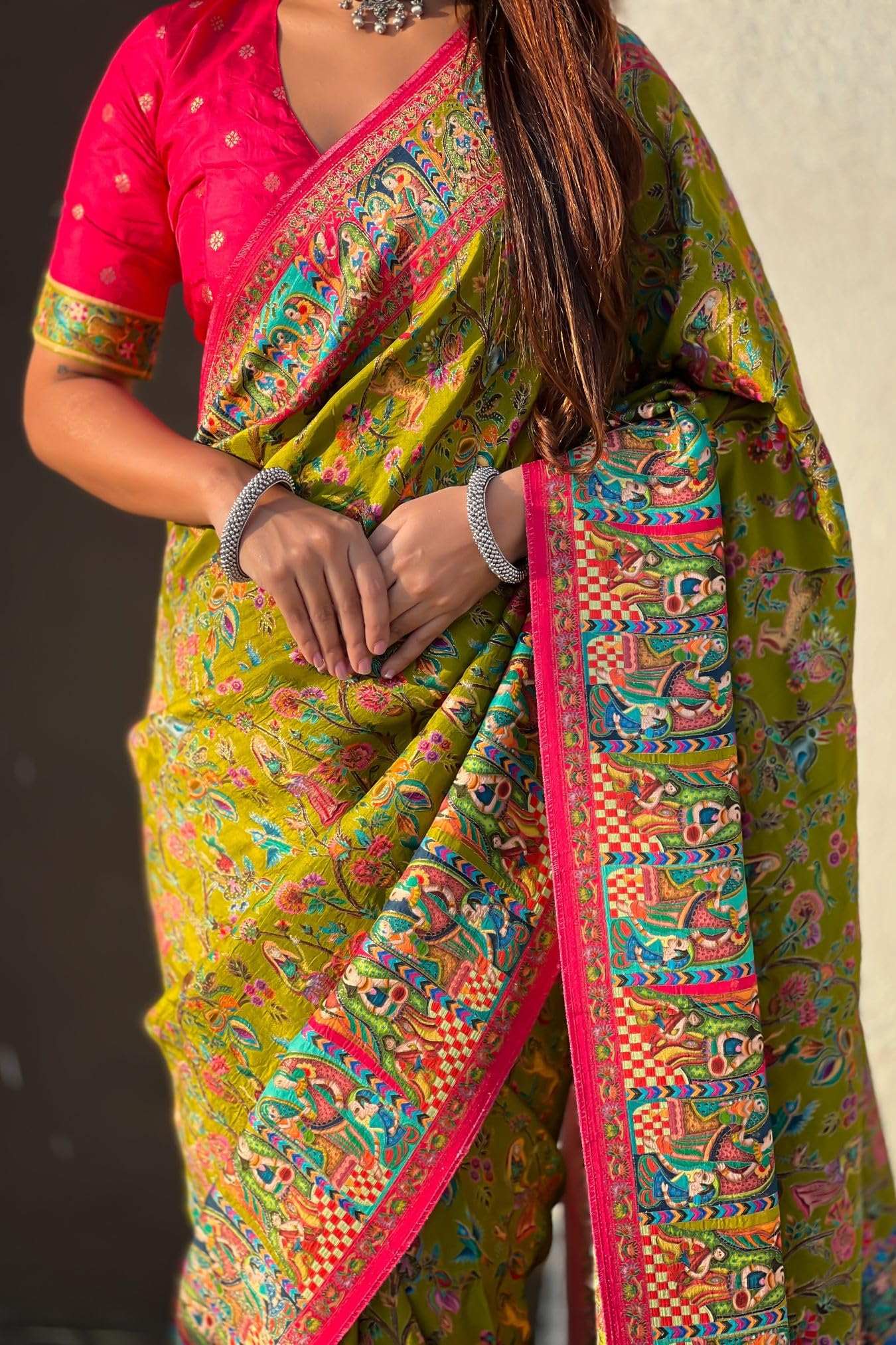 SGF11 Women's Kanjivaram Pure Soft Silk Position Printed Saree With Blouse Piece (Mahendi Green)