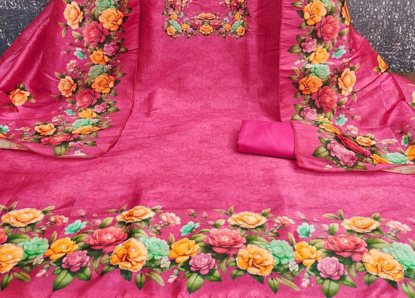 Leeli Peeri Designer Women's Vichitra Silk Floral Printed Unstitched Salwar Suit Dress Material