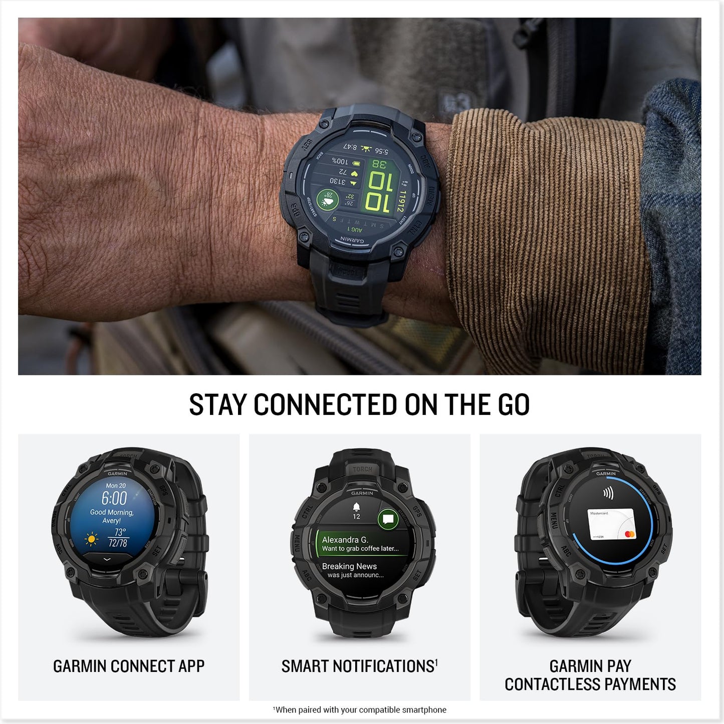 Garmin Instinct® 3 45mm, AMOLED Display, Rugged Outdoor GPS Smartwatch, Metal-Reinforced Bezel, Built-in Flashlight, Up to 18 Days of Battery Life, Black