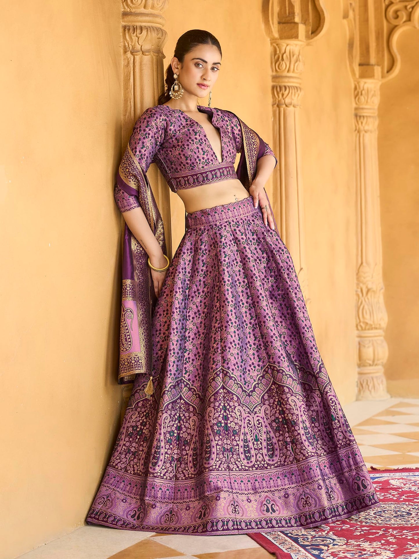 PURVAJA Women's Kanjiwaram Semi-Stitched Lehenga choli (Nadira-Purple_Free Size)