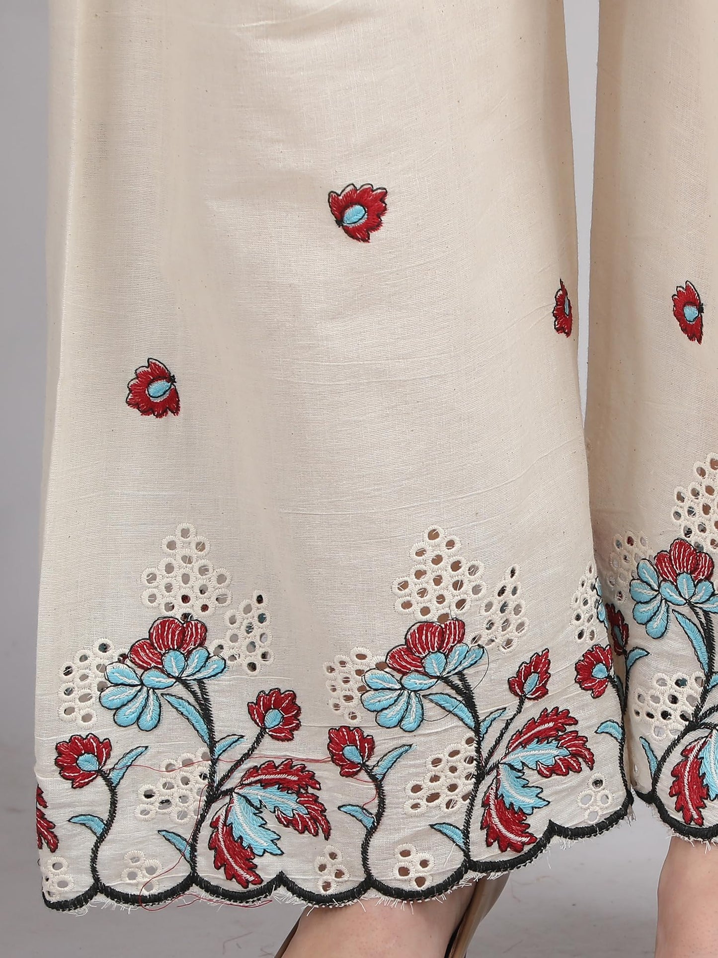 Georgio Martini - Ethnic Flower Design Hand Work Embroidery Wide Leg Linen Adjustable Chicken Smart Plazzo Pants with Drawstring