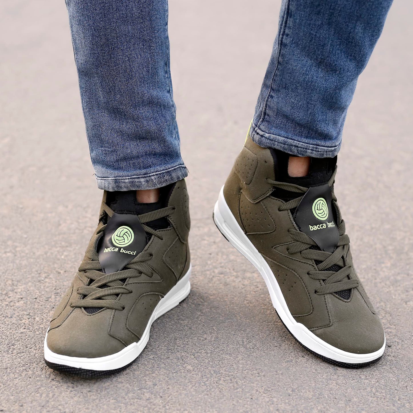 Bacca Bucci® Demon High-top Casual Shoe with Flat Outsole high Street Fashion Sneakers for Men- Olive, Size UK7