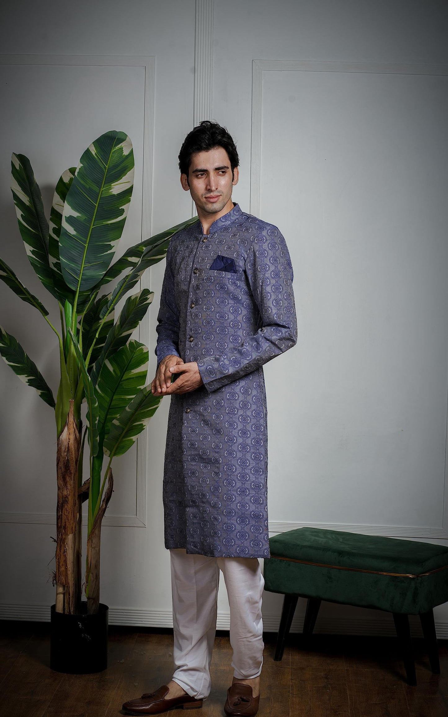 Amzira Mens Ethnic Wear Indo Western Set - Blue (Large)
