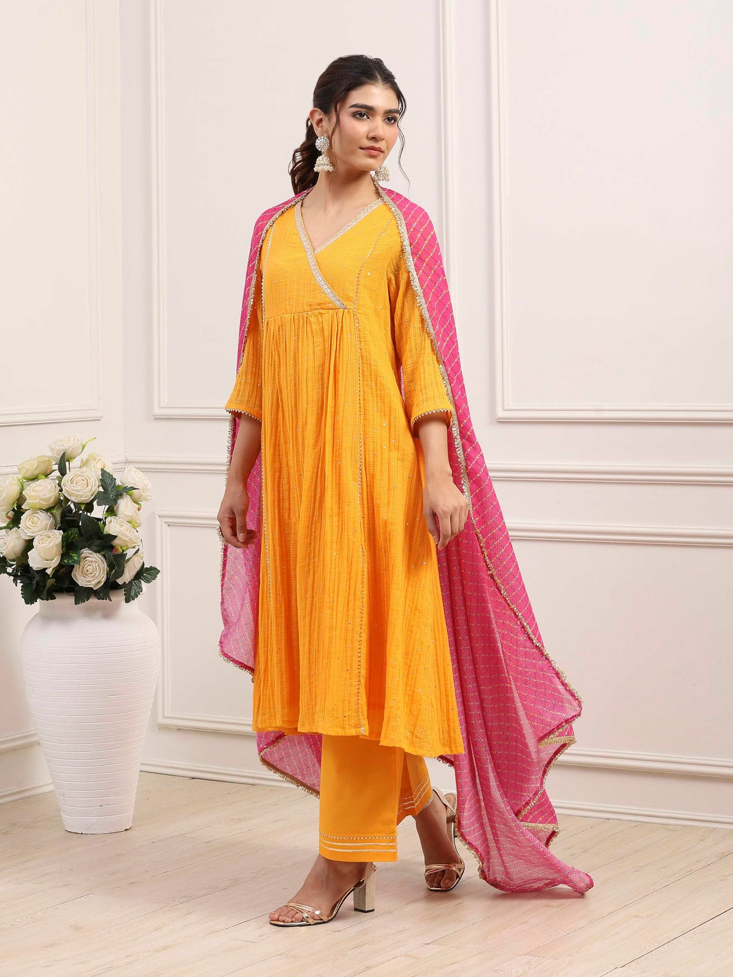 Biba Women Yellow Cotton Anarkali Suit Set_32