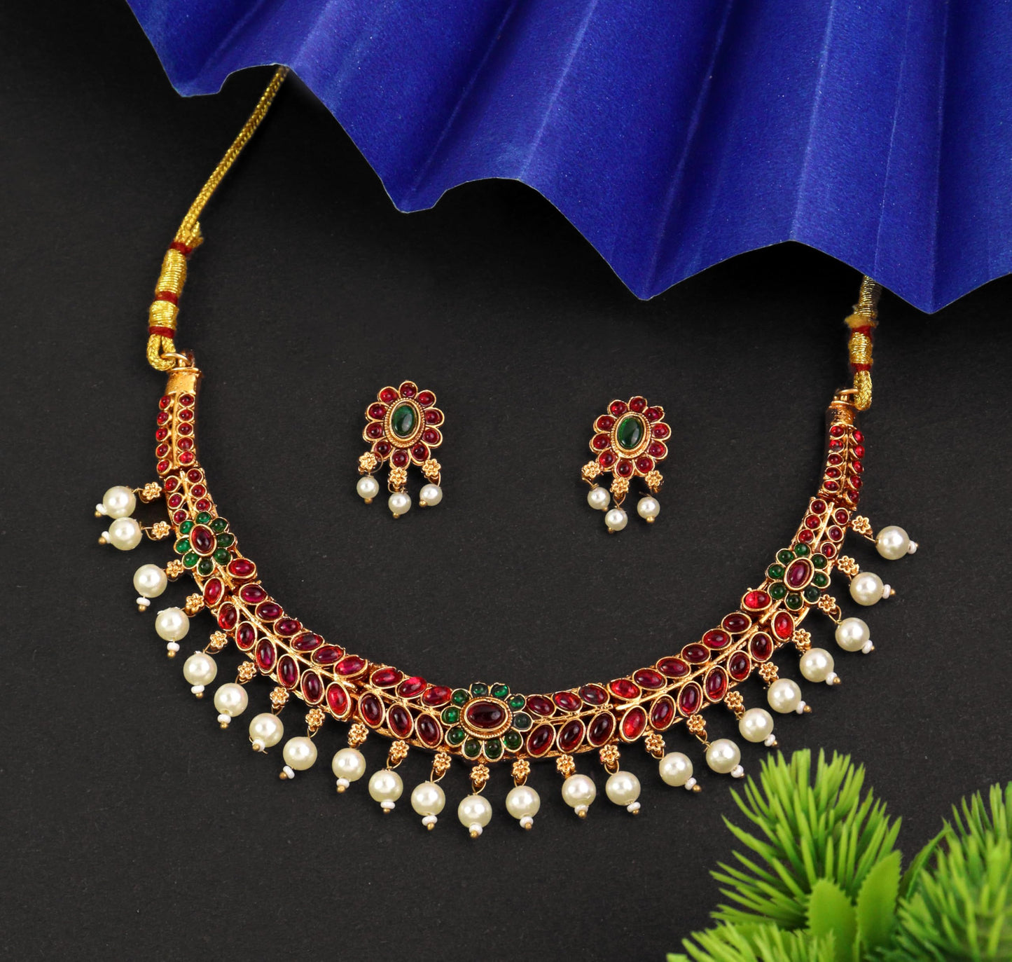 CUTE GOLD Antique Oxidised Plating Necklace With Earring For Women and Girls | Antique Temple Necklace Set for Women & Girls (AN-360)