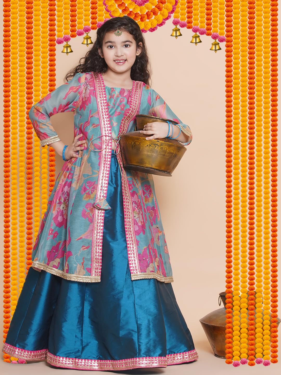 Bitiya by Bhama Girls Blue Floral Printededed Ready to Wear Lehenga & Blouse with Shrug