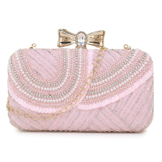Anekaant Adorn Baby Pink & White Embellished Faux Silk Clutch