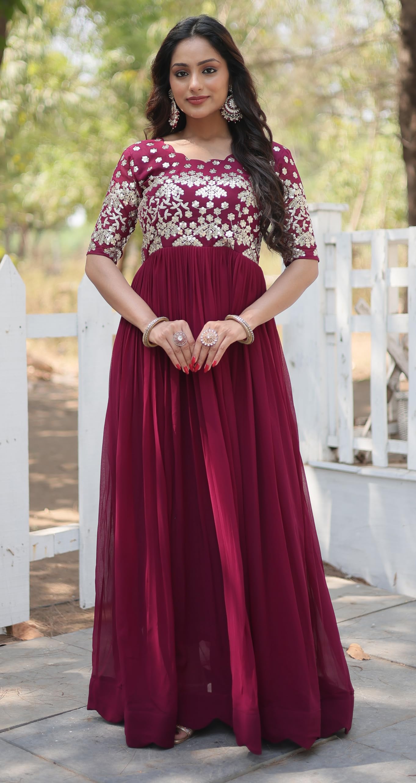 Fashion Basket Women's Georgette Embroidered Anarkali Gown Wine