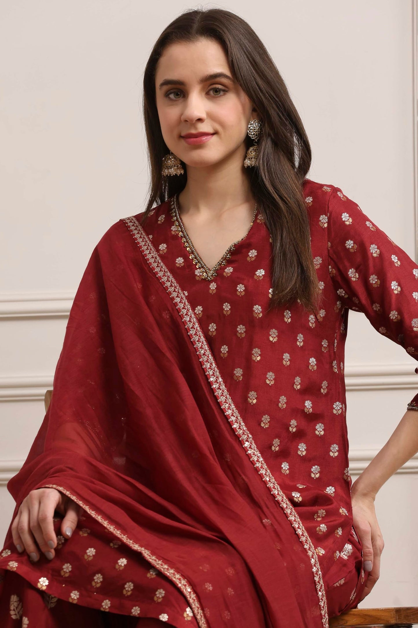 Biba Women Green-Maroon Viscose Gathered Yarndyed Suit Set_42