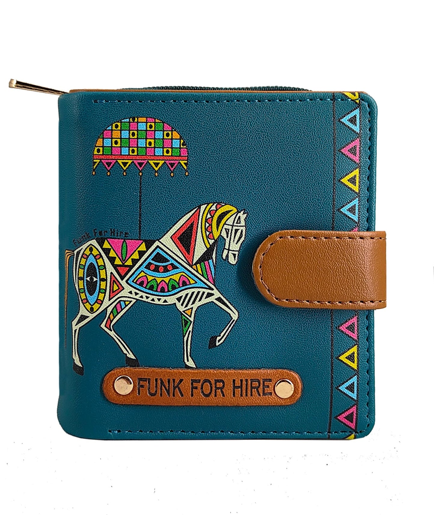 Funk For Hire Women’s Compact Wallet in Petrol Blue – Stylish Cartoon Print Leatherette Purse with Card Slots, Coin Pocket & Magnetic Closure – Handcrafted in India