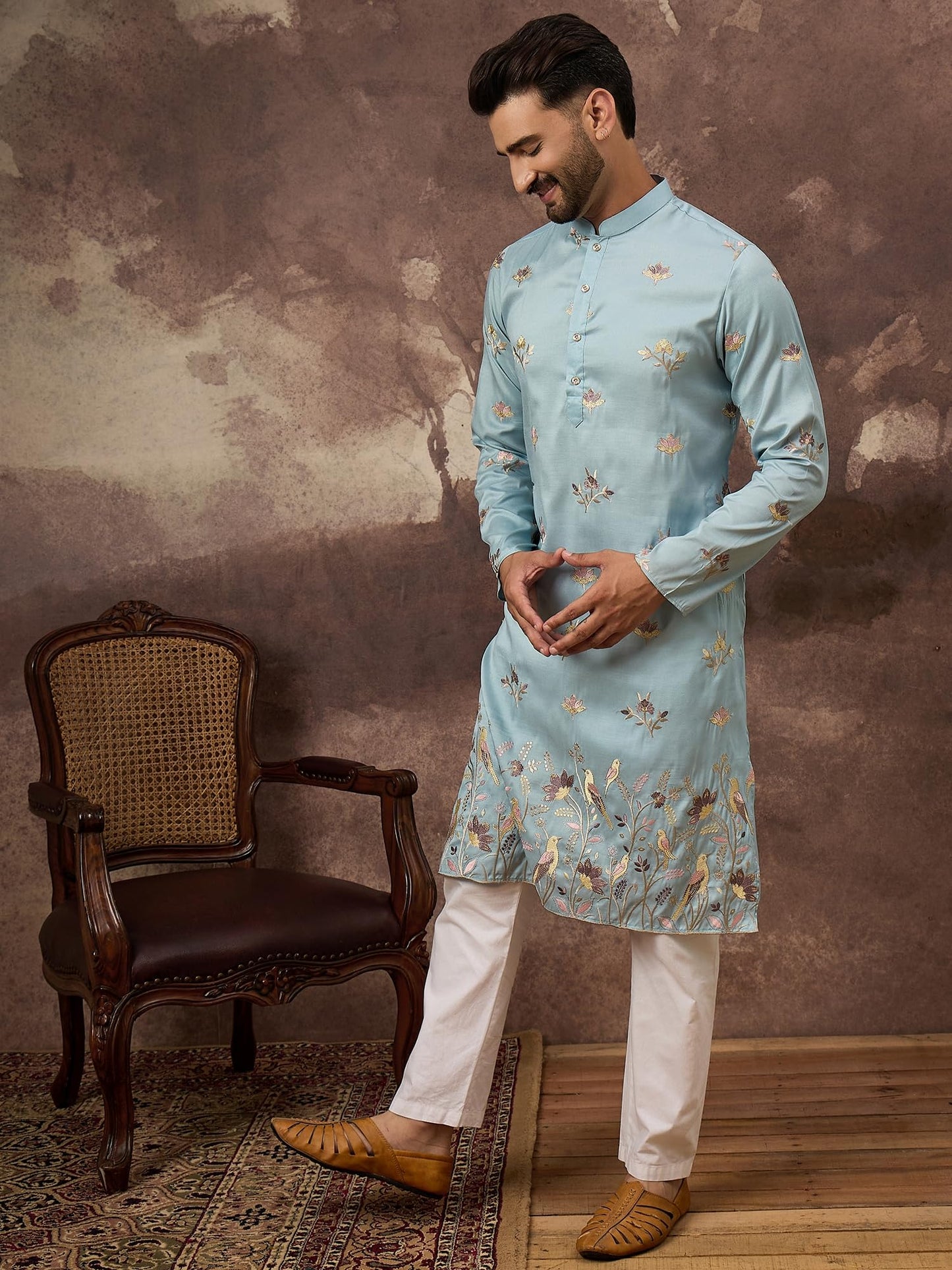 Ethnic Bay Men's Silk Blend Embroidered Solid Calf Length Kurtas | Men | Kurtas for Mens | Straight Fit Kurta for Men's Blue