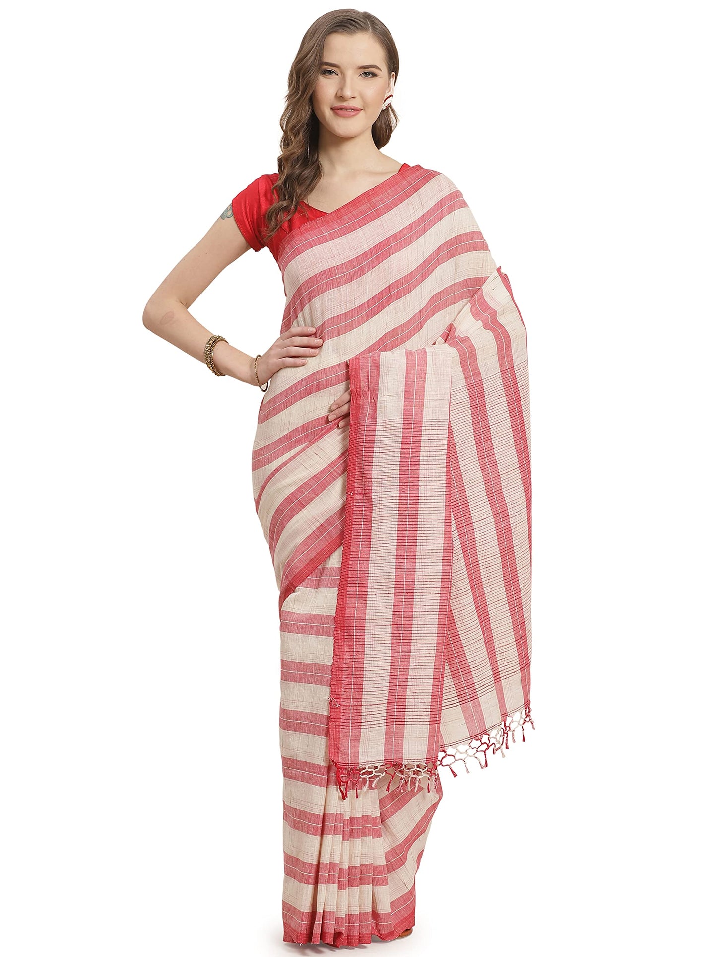 Aditri Women's Handloom Khadi Cotton Saree with Running Blouse (Multicolored)