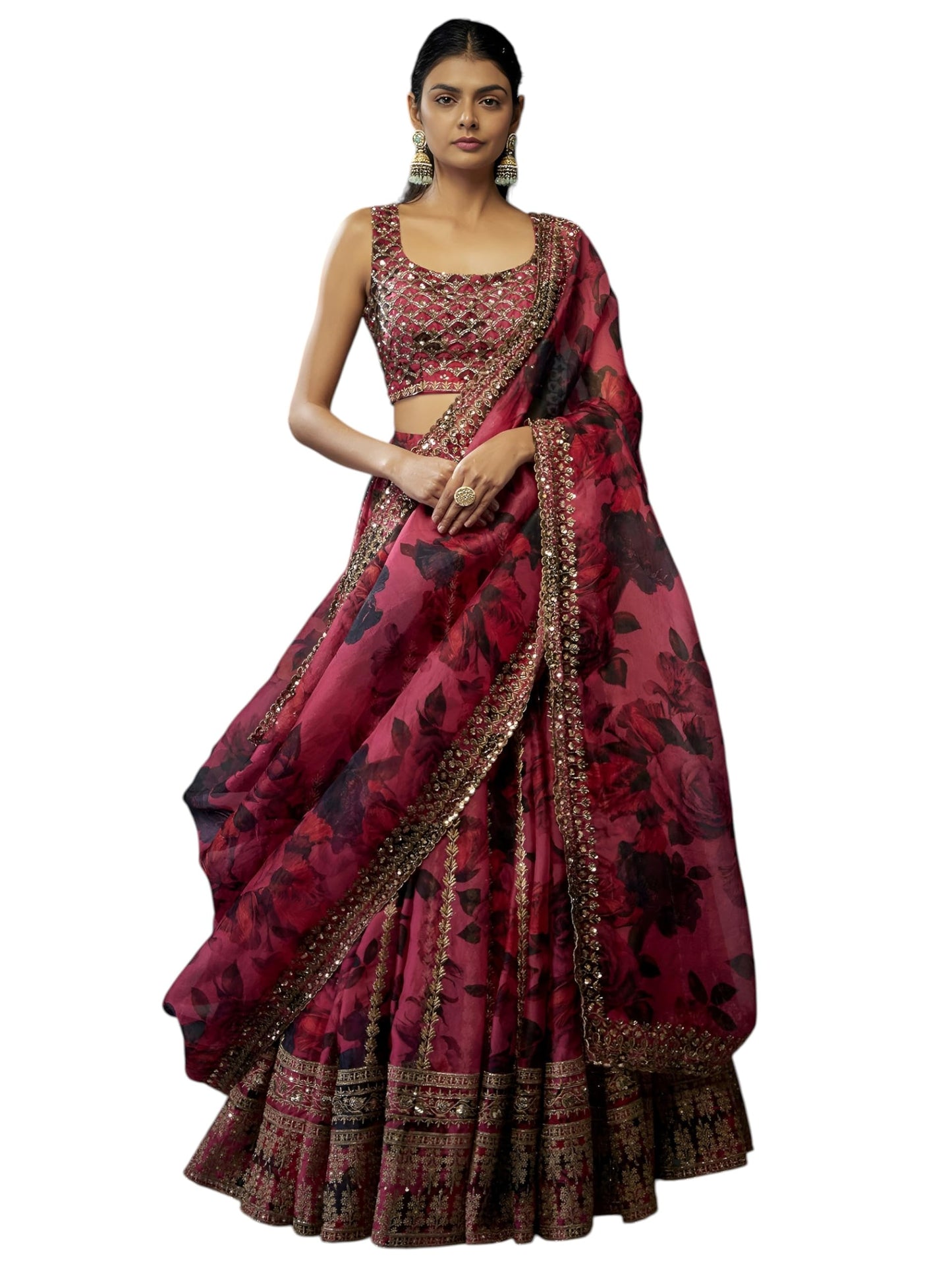 Zeel Clothing Women's Sequins Zari Embroidered Organza Designer Lehenga Choli with Dupatta (7072-Pink-Womens-Lehenga-Choli-New; Free Size) (Pink)