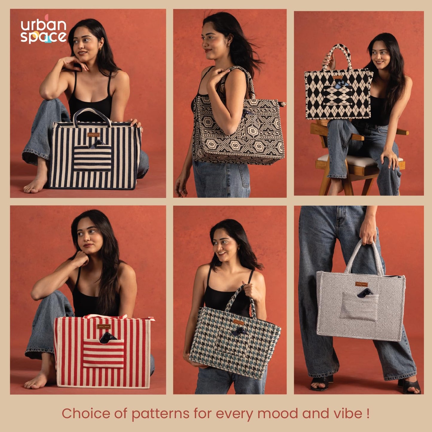 Urban Space Women Canvas Tote Bag, Stylish & Multisection Cotton Jacquard Handbag with Zip closure, Handcrafted Padded Laptop Bag for 16" laptop | Shopping Shoulder Bag - Houndstooth