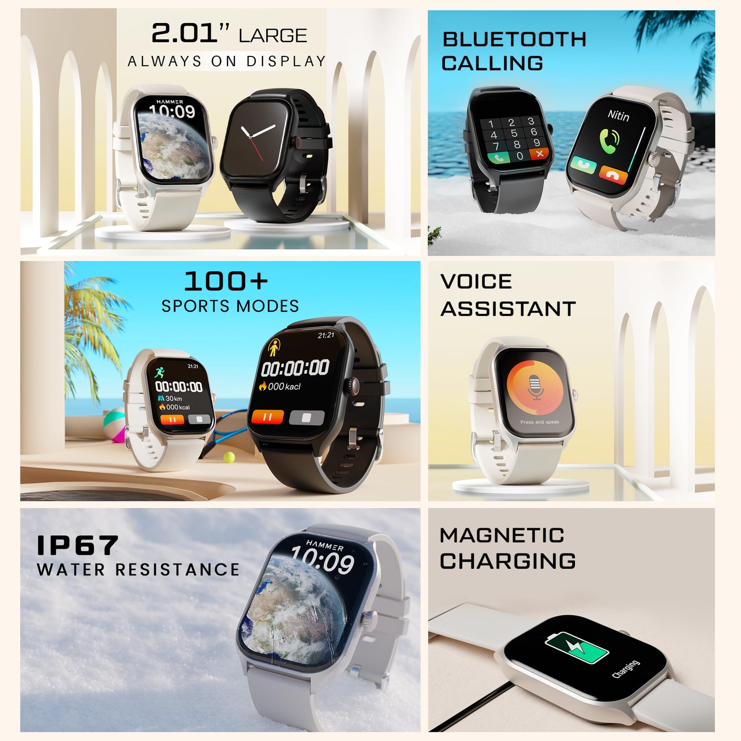 HAMMER Polar 2.01" IPS Always on Display, Advanced Bluetooth Calling Smart Watch, Dual Mode, Voice Assistant, Rotating Crown, Sleek Desgin, Sports Modes, 500 Nits Brightness, 240x296 PX (Ice Grey)