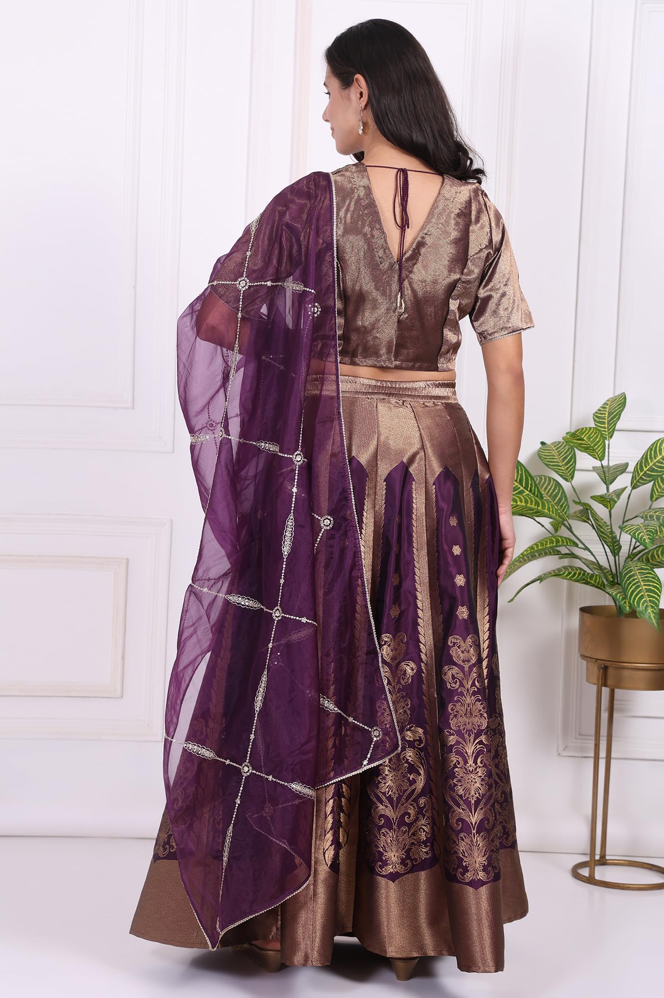 W for Woman Purple Embellished Jacquard Straight Crop Top, Skirt and Dupatta Set - (WS13240-314468-S)