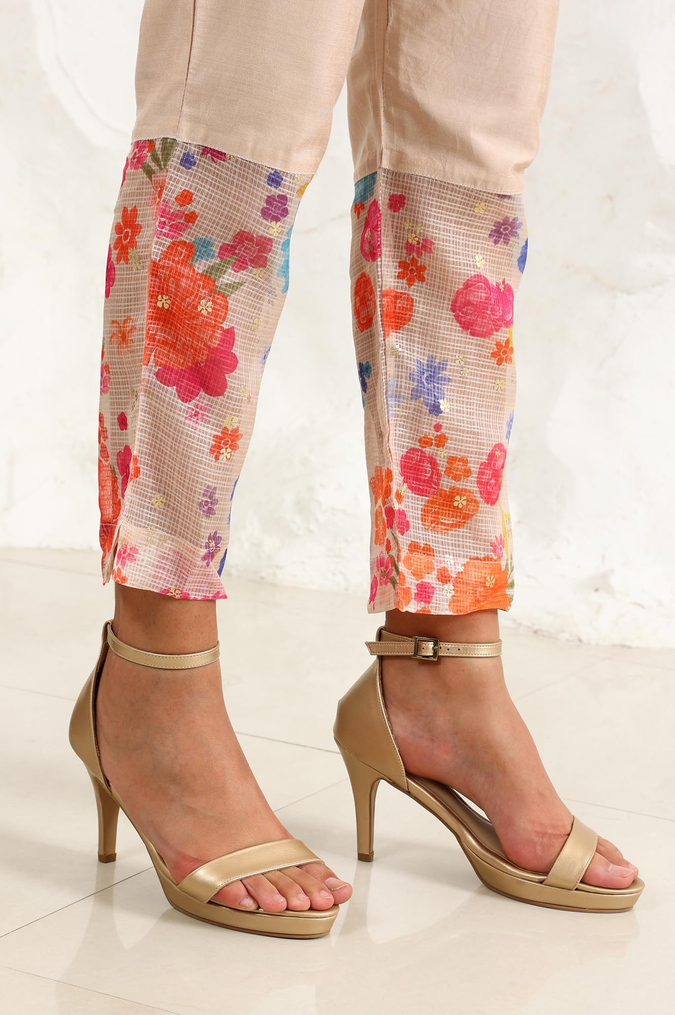 W for Woman Cream Floral Printed Sequined Kota Flared Kurta, Pants and Dupatta Set