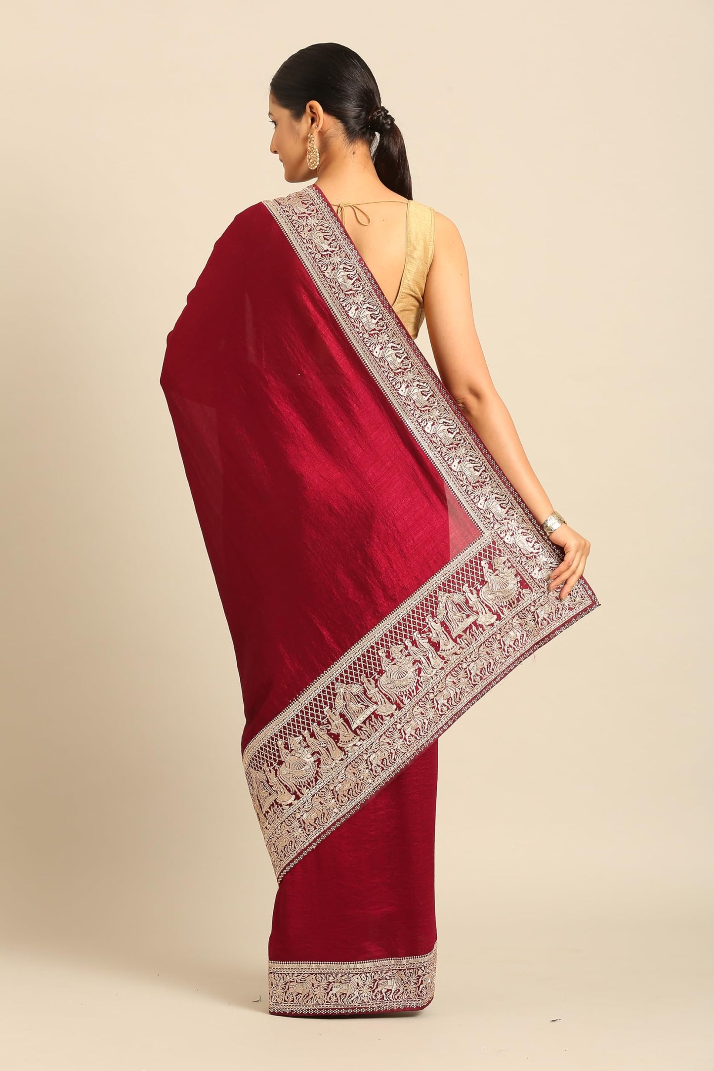 MOHEY Women's Wine Chiffon Embroidered|Zari Saree