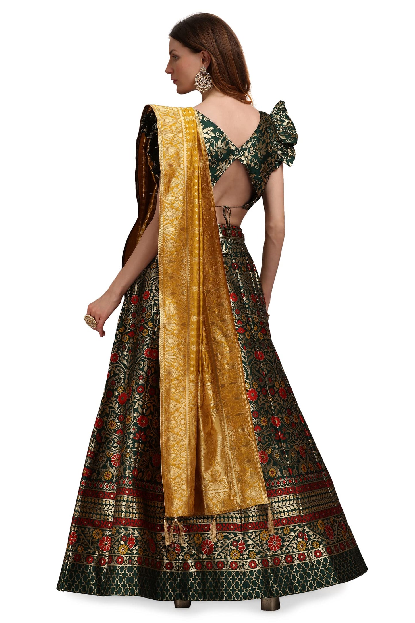 PURVAJA Women's Jacquard Semi-Stitched Lehenga choli (Malika-D-Green_Green_Free Size)