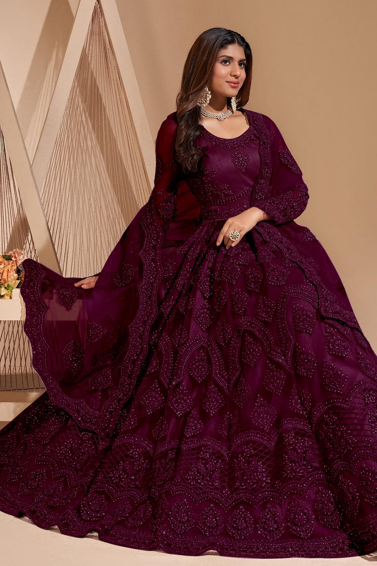 JULEE Women A-Line Maxi Net Embroidered Semi-Stitched Gown (Sunita Gown Dark Rani) 6XL