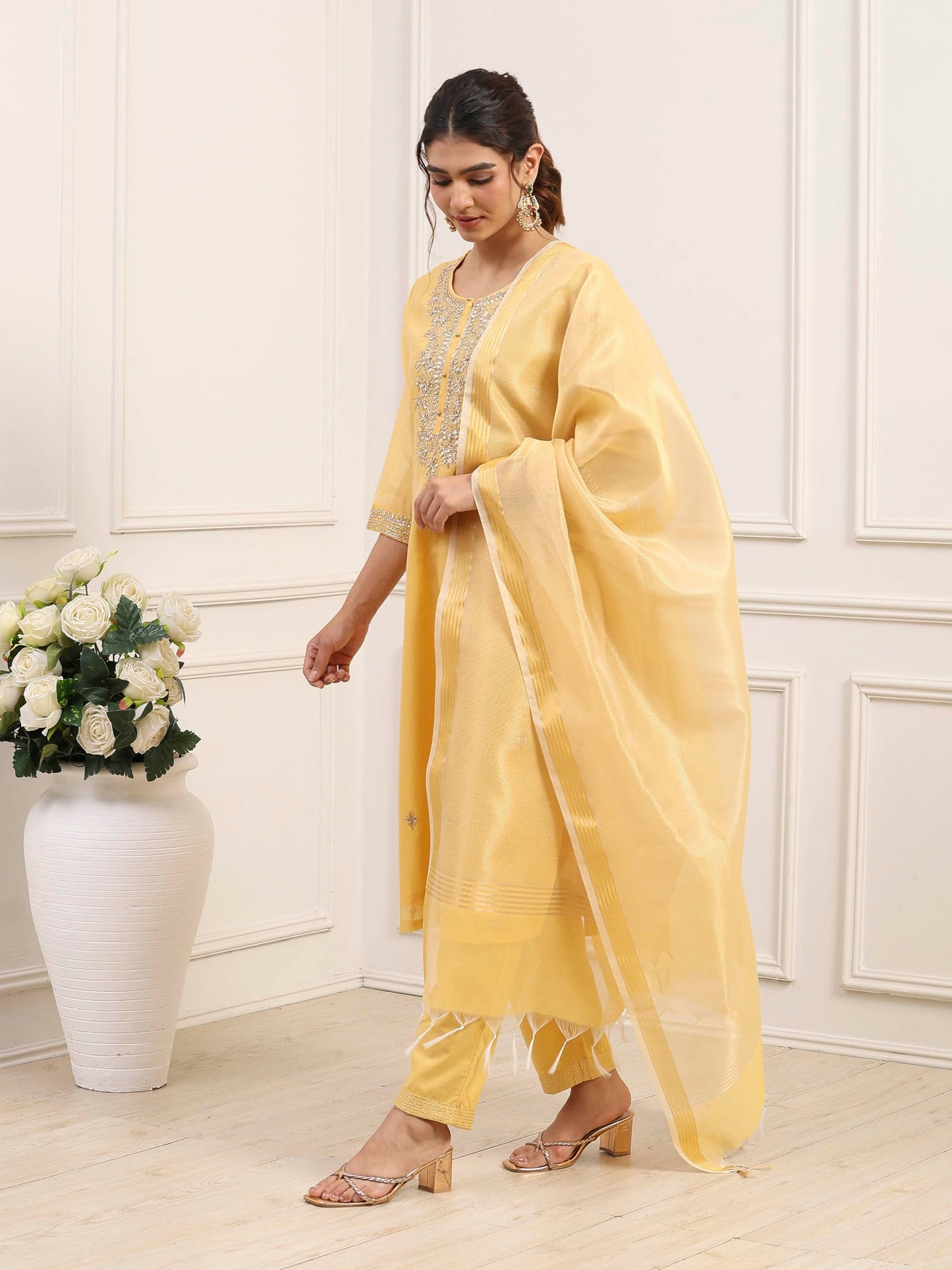 Biba Women Yellow Poly Chanderi Straight Suit Set_34