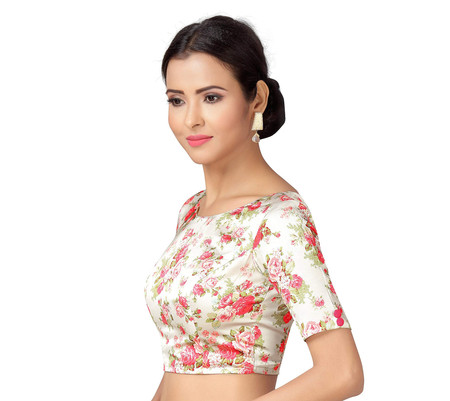 Studio Shringaar Women's Readymade Off White With Pink Rose Printed Saree Blouse With Short Sleeves (Off-White, 40, Polyester)