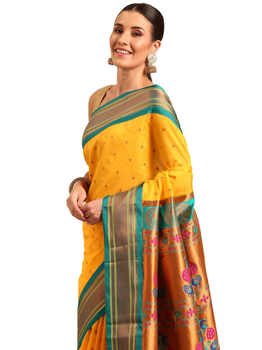 Varkala Silk Sarees Women's Kadiyal Soft Silk Maharani Paithani Saree With Blouse Piece (V241A322-COPR_Haldi & Rama)