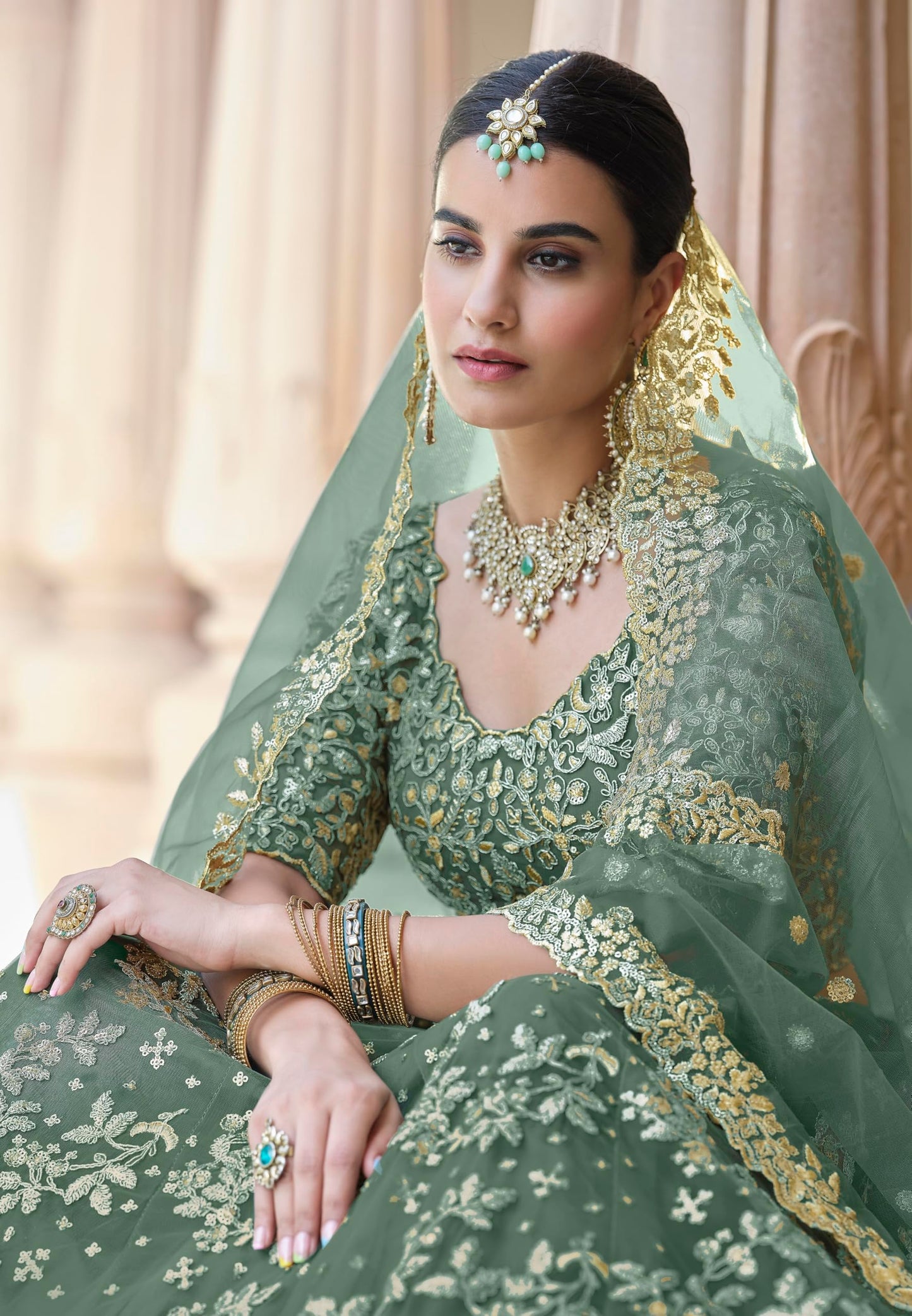 Divine Exim Women's Net Semi Stitched Lehenga Choli with Dupatta | Thread and Sequin Embroidery Pattern | Traditional, Wedding, Ethnic Wear Lehenga (Light Green)