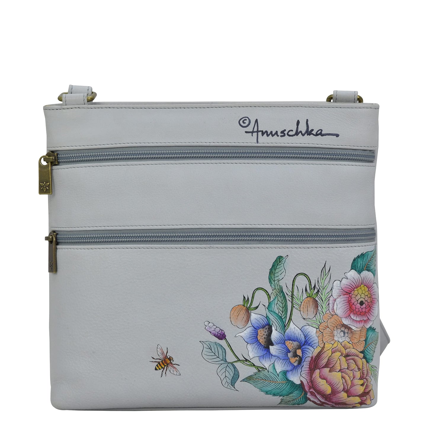 Anuschka Hand Painted Women’s Genuine Leather Crossbody with Front Zip Organiser & RFID Card Protection- Floral Charm