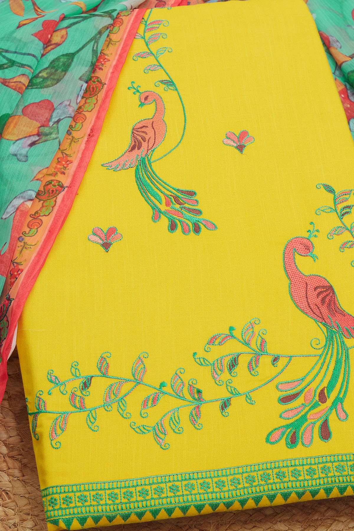 Soch Womens Yellow Cotton Embroidered Unstitch Dress Material With Thread Work