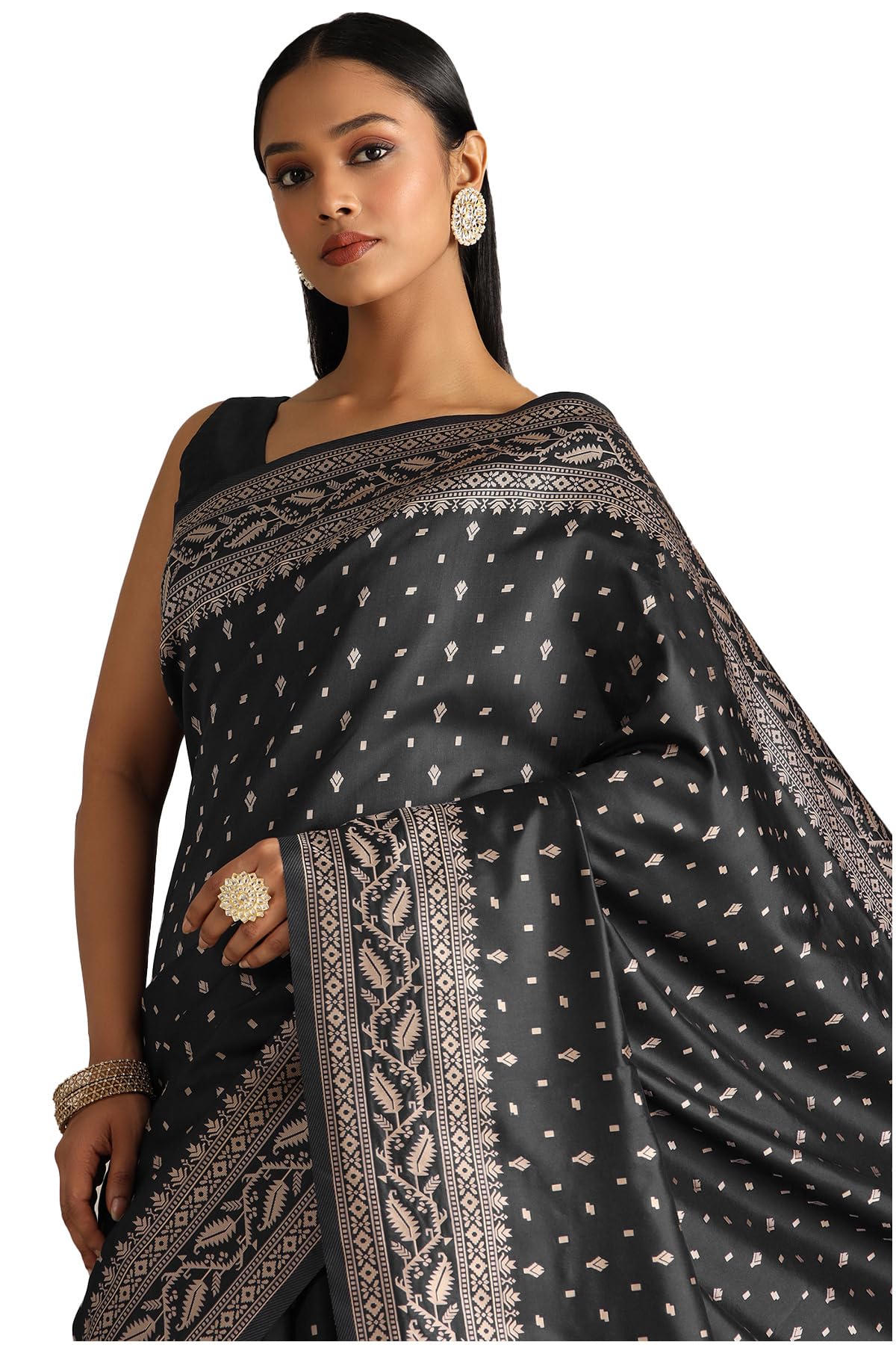 Soch Womens Black Tussar Woven Design Saree