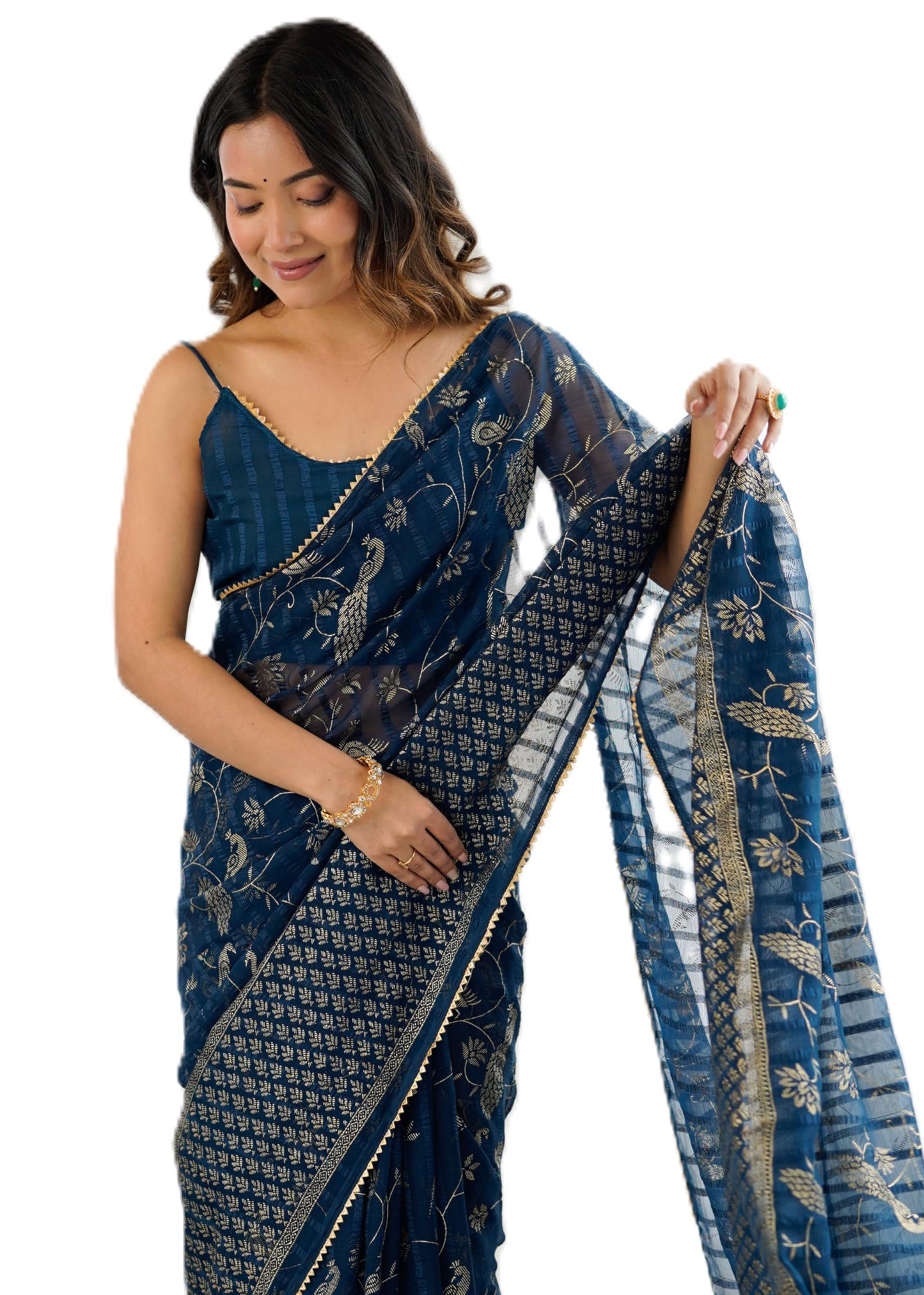 Ekasya Women Georgette Navy Blue Floral Pattern Printed Work Saree With Unstitched Blouse (E5677_5)