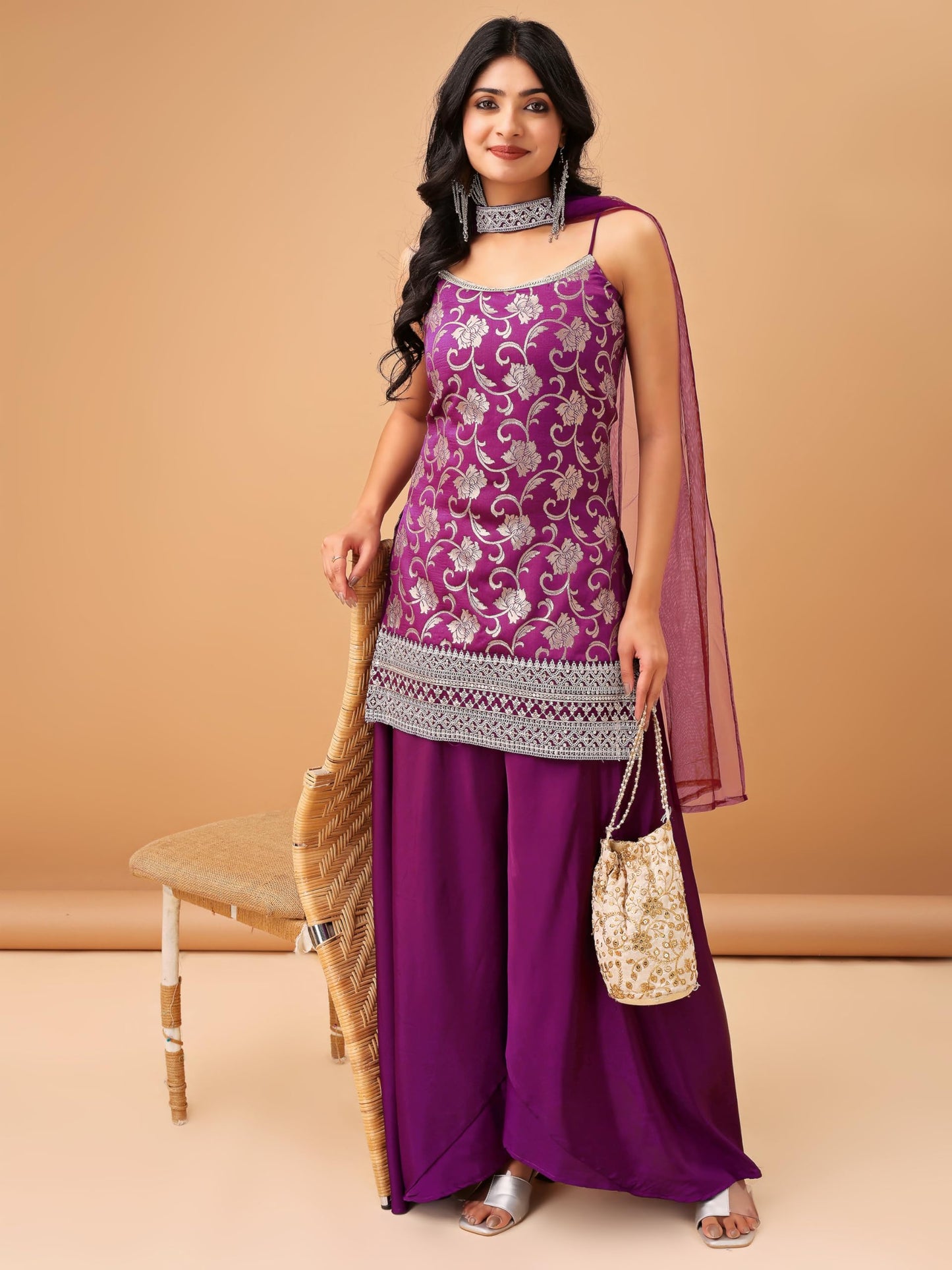 MAVIXA Women's Embroidered Kurta and Sharara with Dupatta | Wedding Suit | Kurta Set | (IN, Alpha, XL, Regular, Purple)