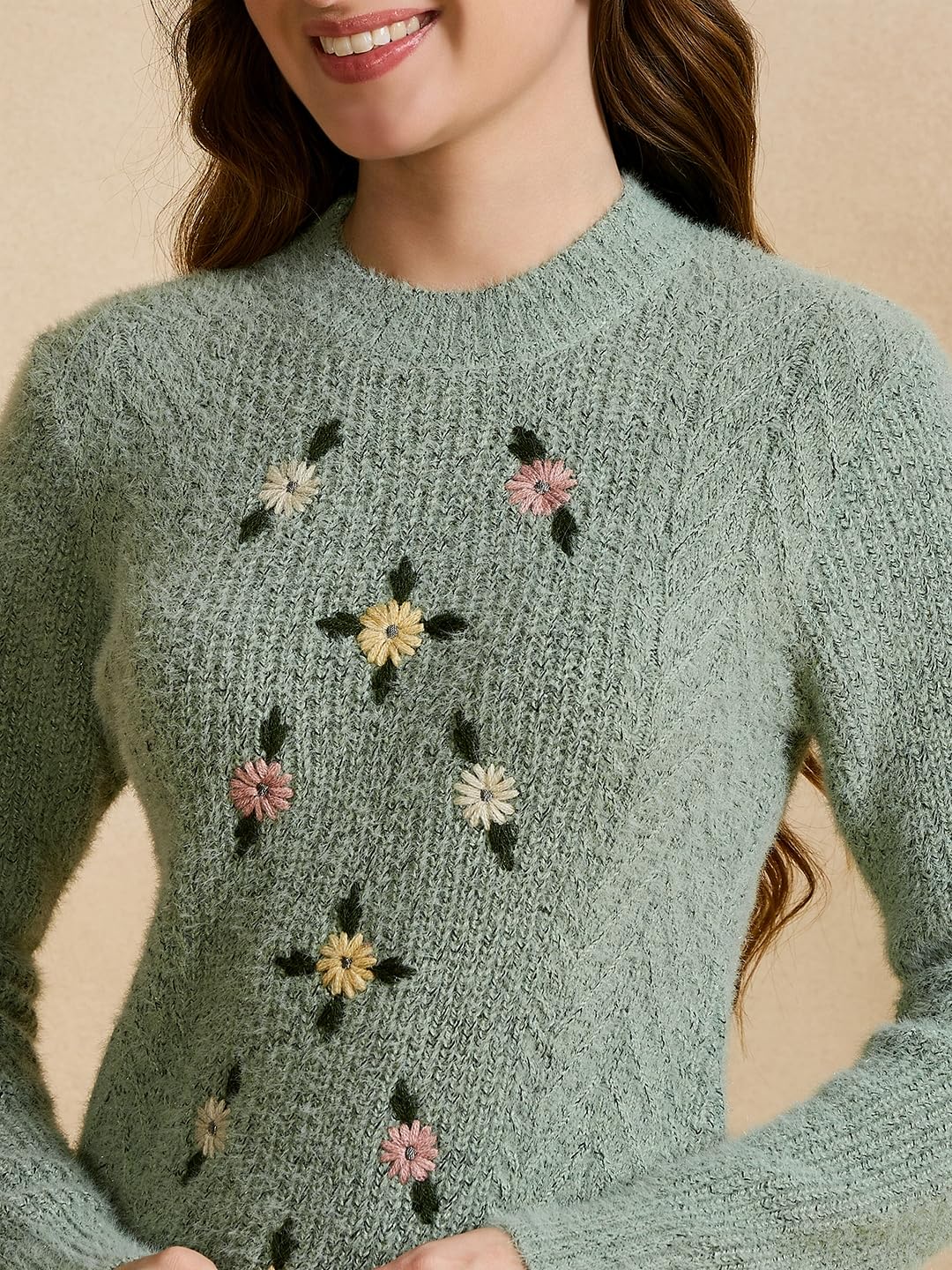 Clapton Women's Floral Embroidered Knitted Pullover Sweater, Long Sleeve, Round Neck, Casual (in, Alpha, L, Regular, Pista)