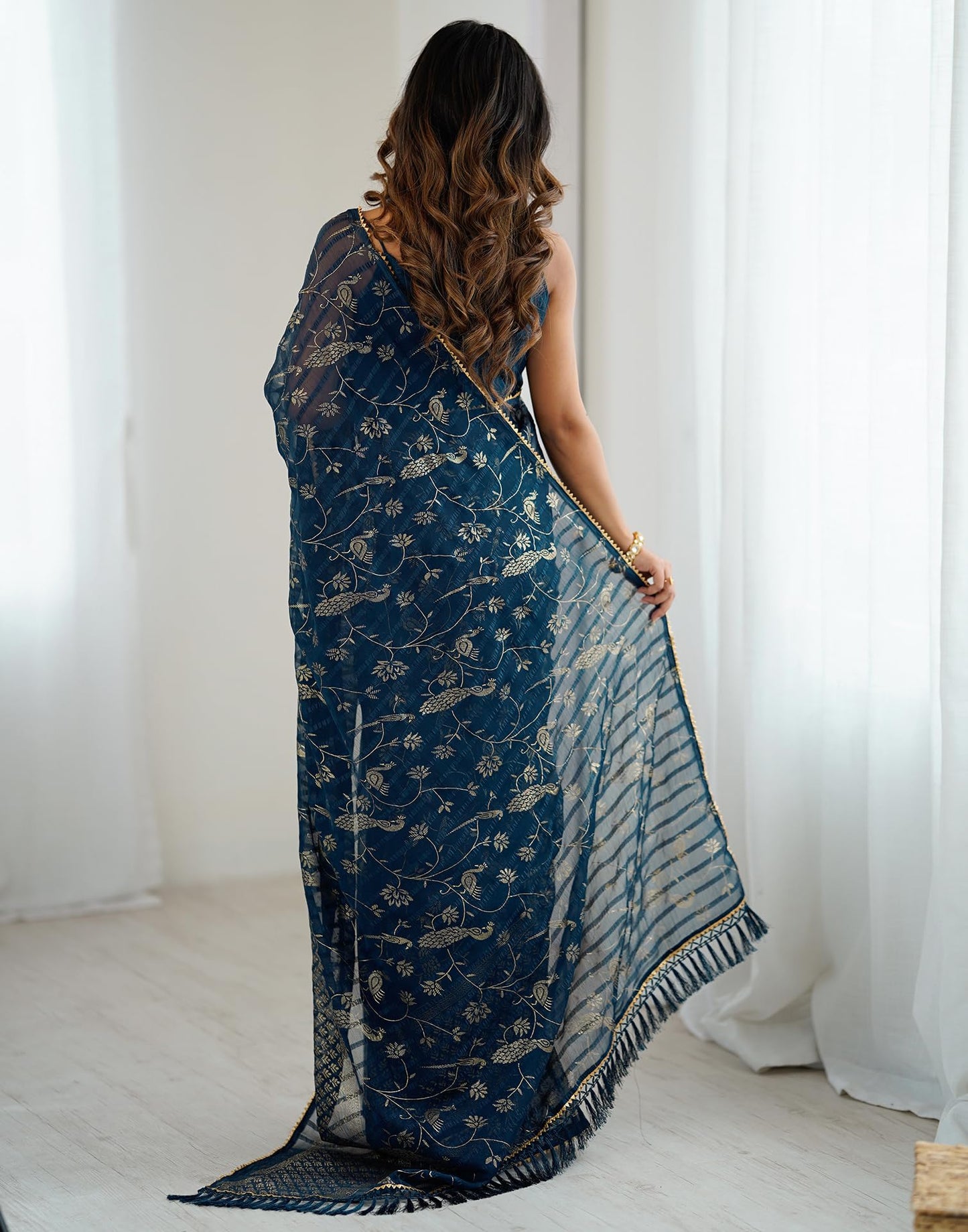 SIRIL Women's Georgette Foil with Floral Print & Weaving Saree with Unstitched blouse (4742S822_Blue)