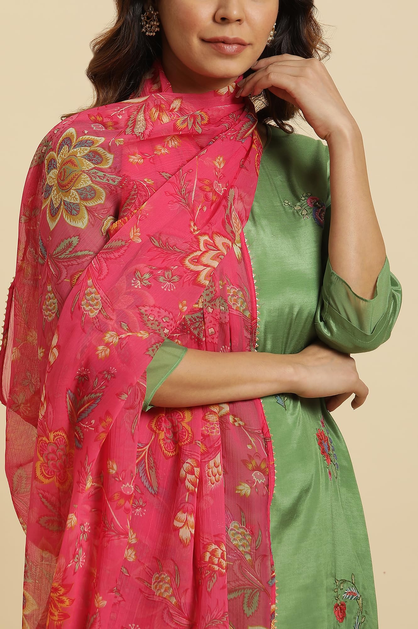 W for Woman Women's Polyester Pink Floral Printed Chiffon Dupatta (8905661211647_Free Size)_WFS
