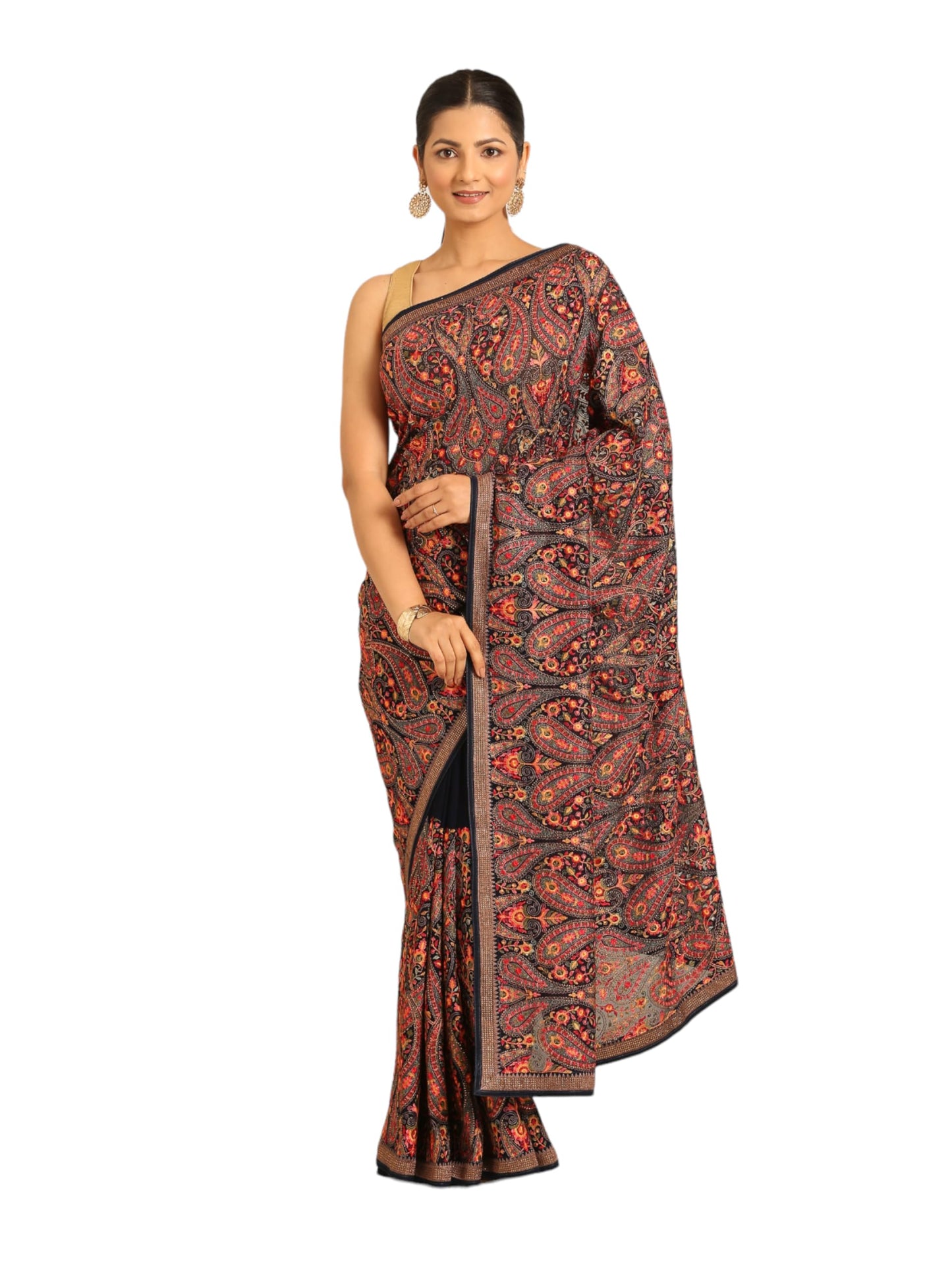 MOHEY Women's Blue Georgette Printed| Embroidered Saree