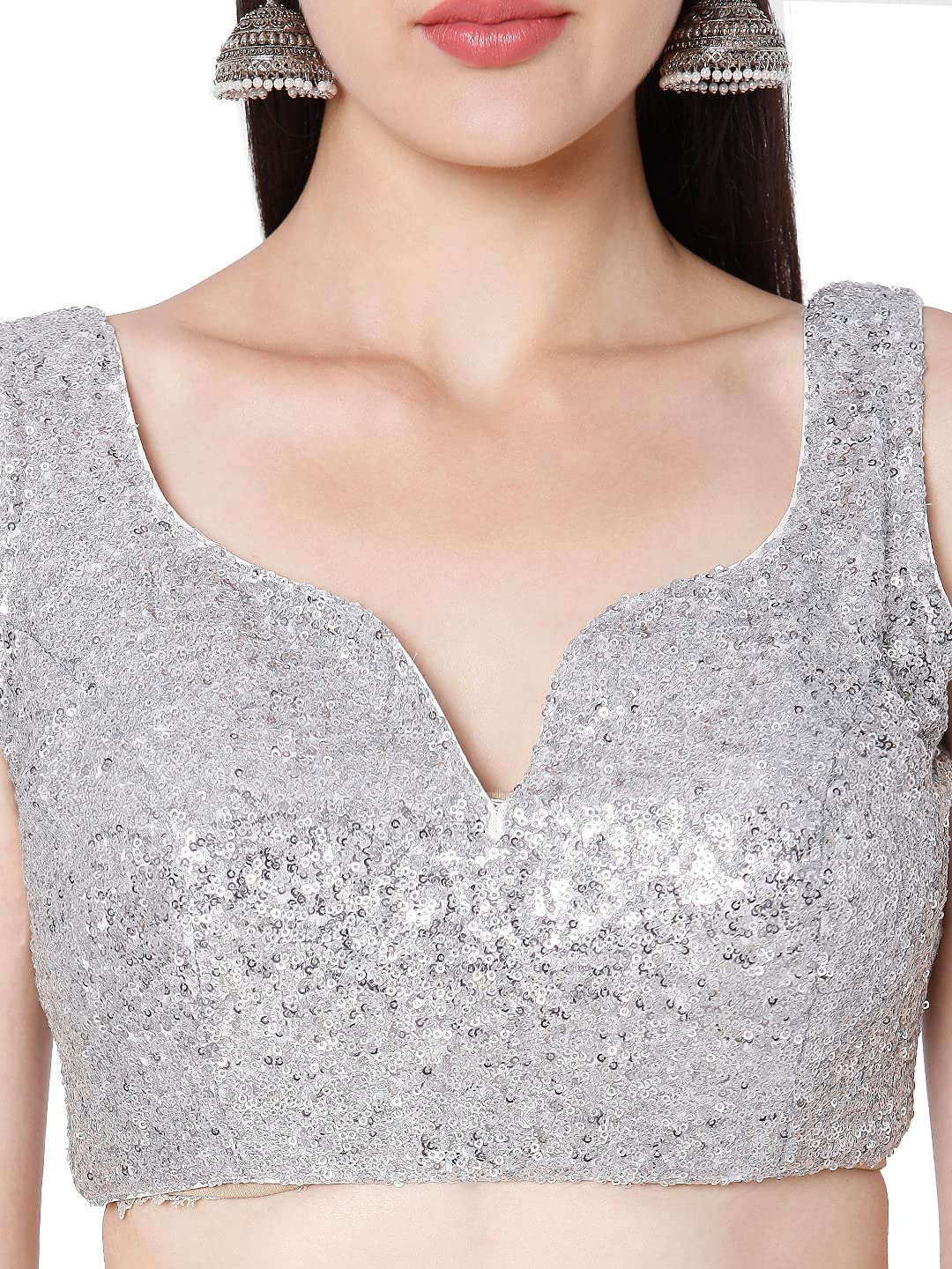 S SALWAR STUDIO Women's Silver Sequence Work Embroidered Readymade Saree Blouse-SSB3817-SLVR