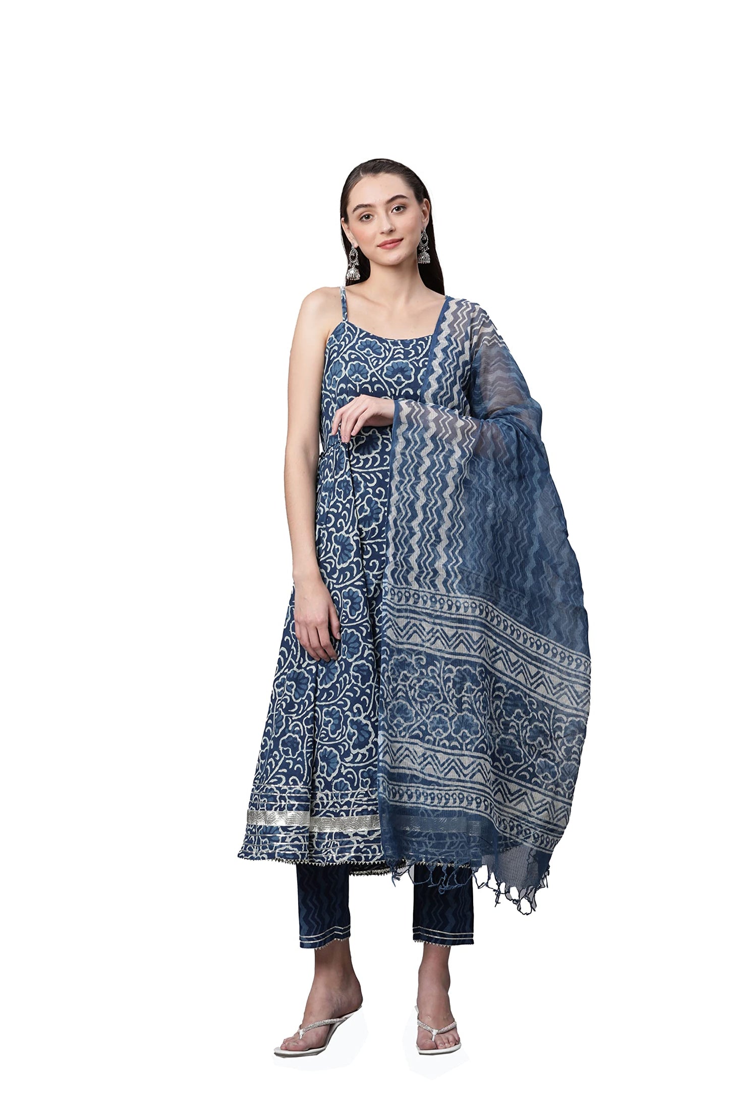 Divena Indigo Hand Block Printed Anarkali Kurta Pant Set with Dupatta-DK0747-3XL