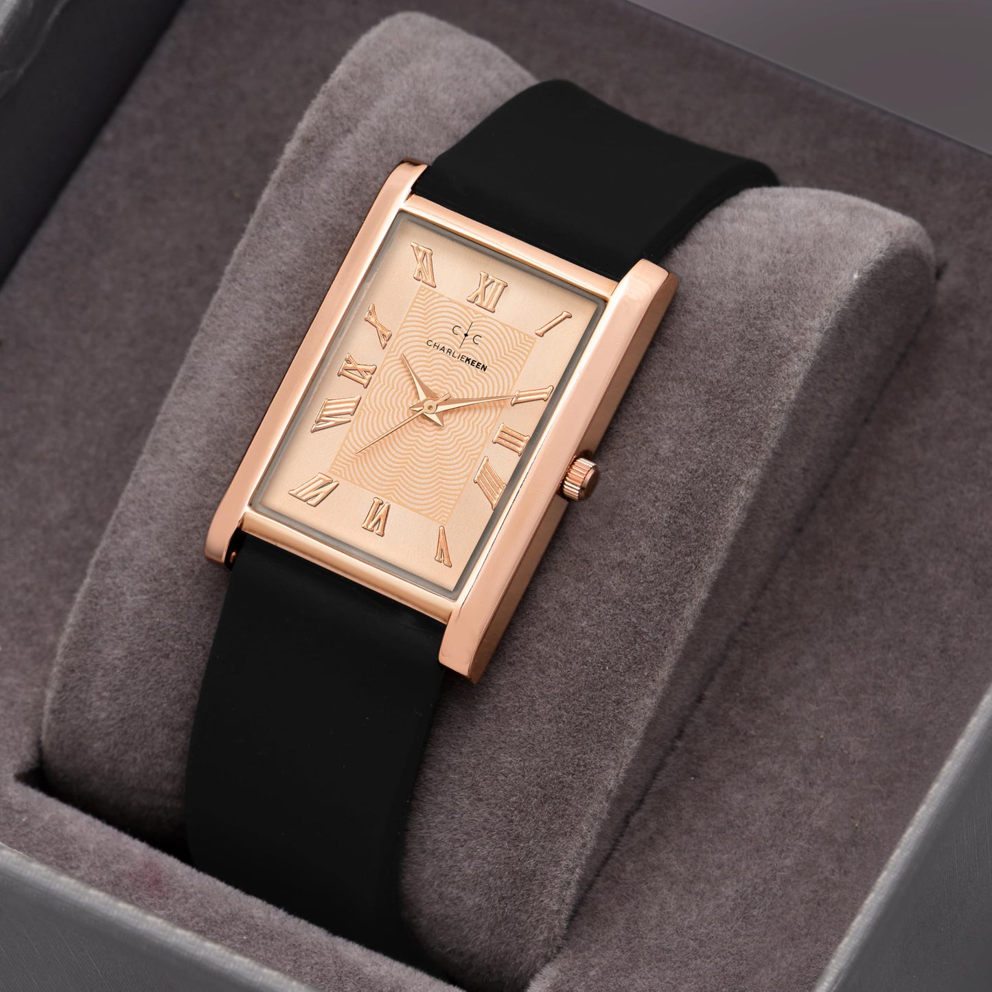 CHARLIEKEEN Slim Analogue Watch, Black Dial, Leather Strap (Rose Gold)