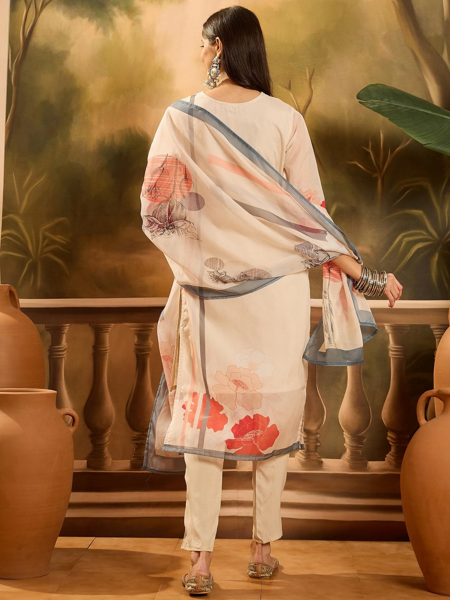 Stylum Women's Printed & Embroidered Soft Organza Straight Kurta Pant Dupatta Set