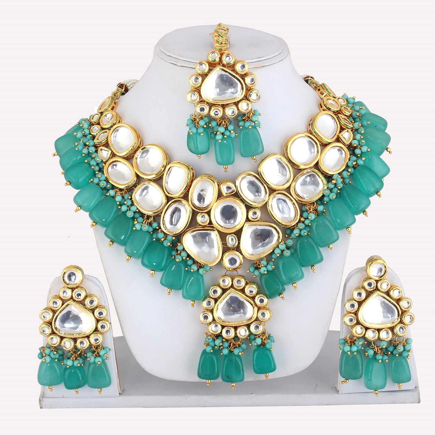 Lucky Jewellery Meenakari 18K Gold Plated Turquoise Blue Pentagon Shape Uncut Kundan Combo Necklace Set For Women