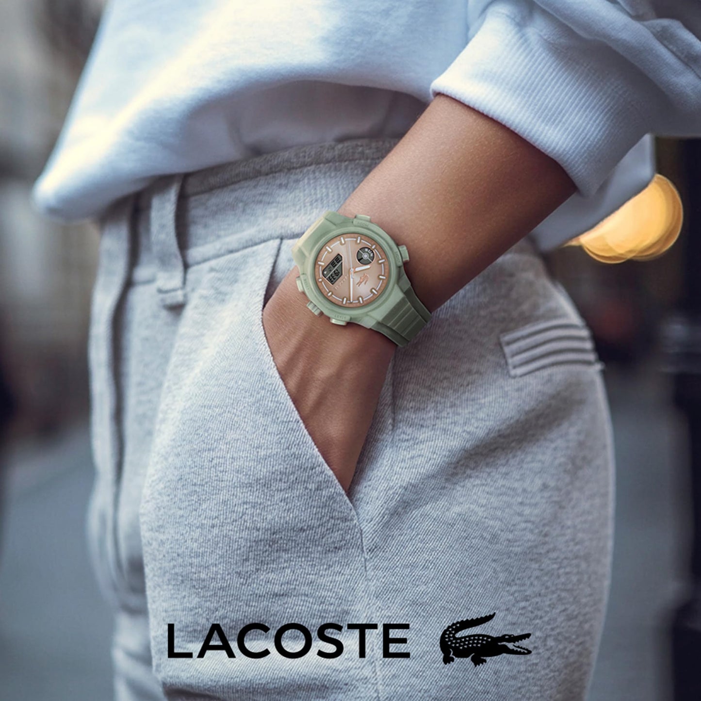 Lacoste Lc33 Qtz Basic Rose Gold Sunray Round Dial Women's Watch|Green Silicone Material|Green Color Band - 2001433