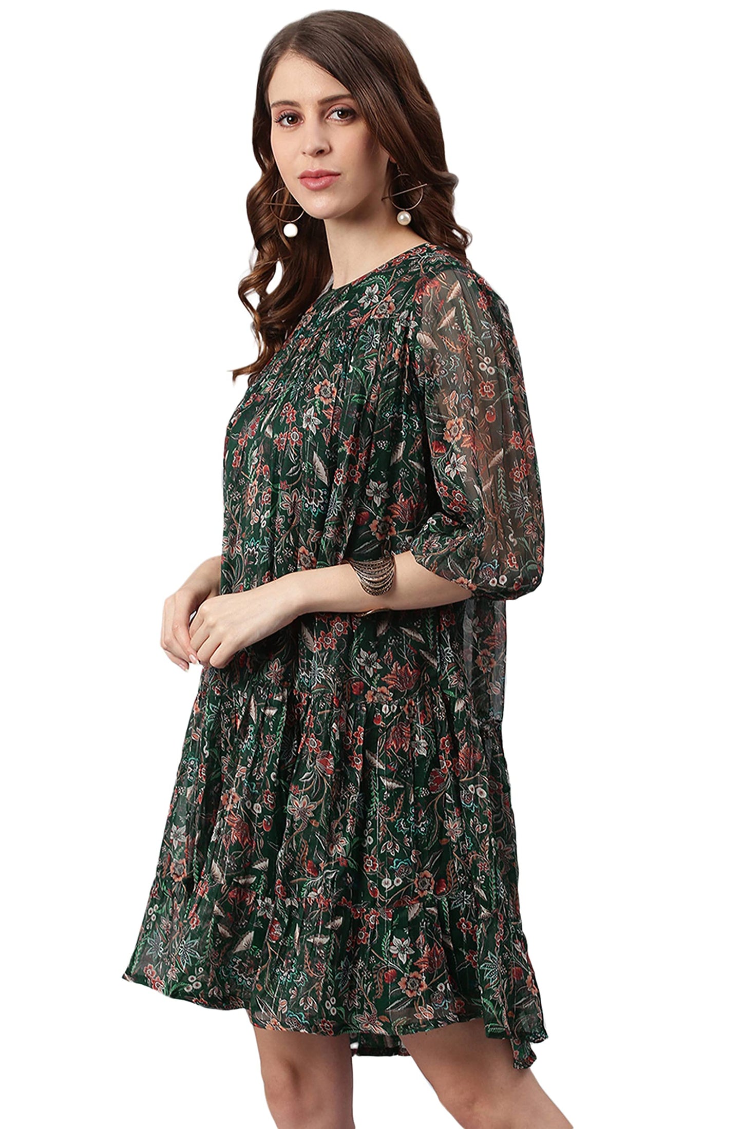 Janasya Women's Green Poly Georgette Floral Flared Western Dress(J0339-DR-S)